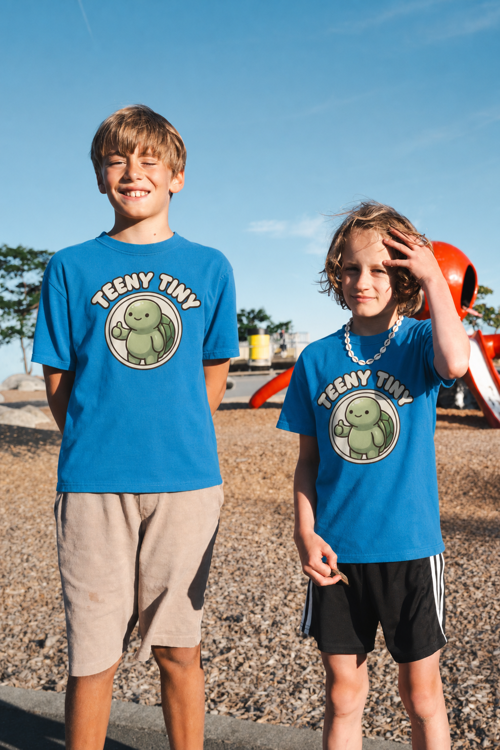 Ben and James, the founders of Teeny Tiny, wearing the Turtle Tee