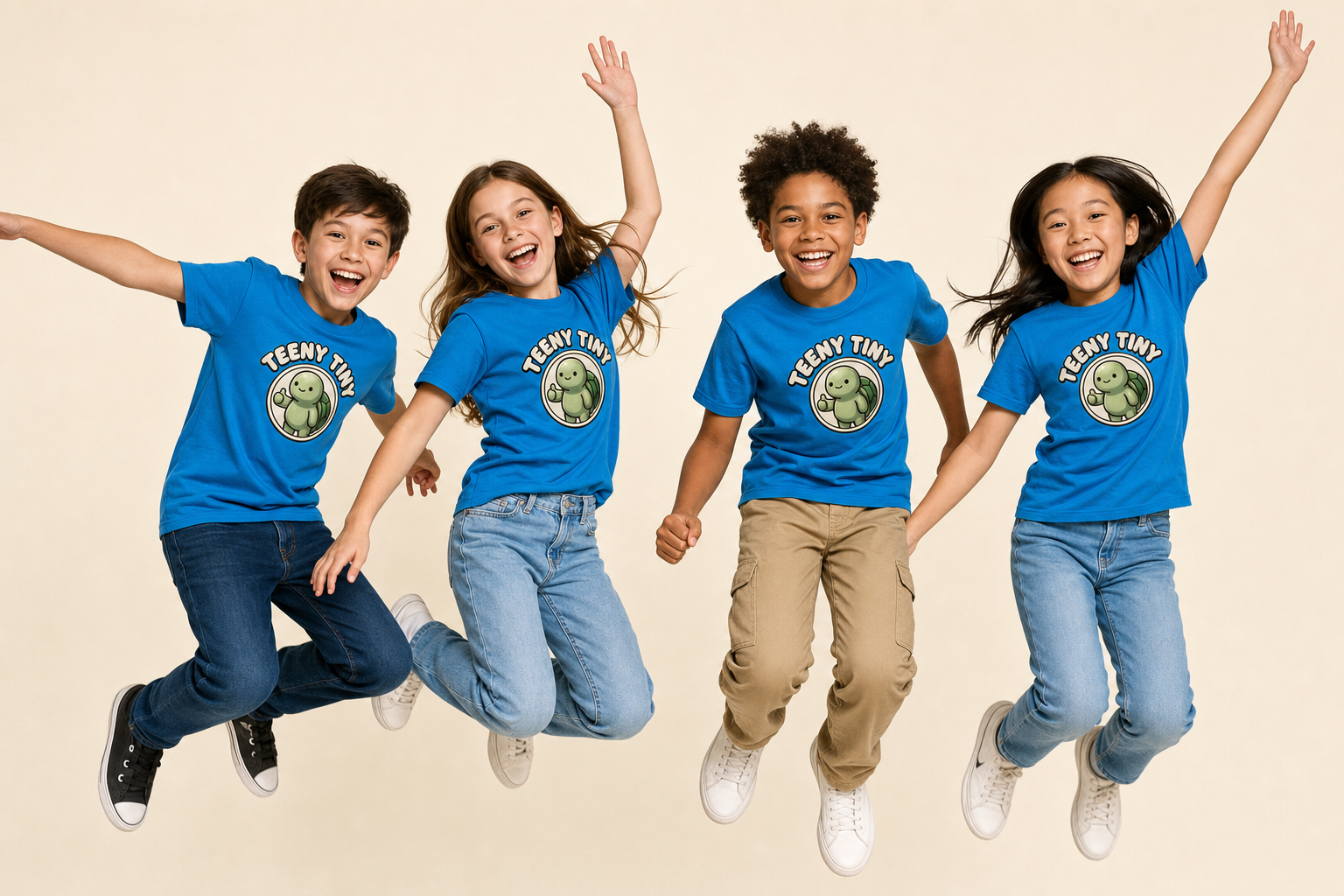 Four kids jumping in Teeny Tiny Turtle Tees
